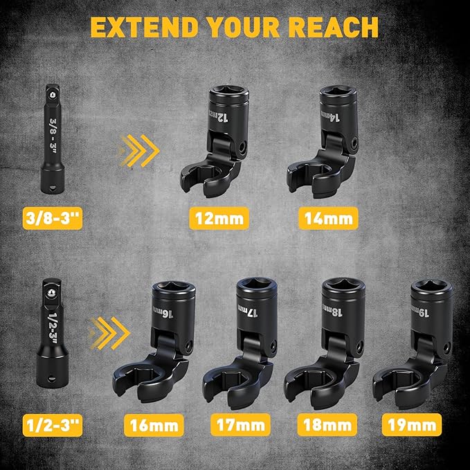 ELEAD 8-Piece Flex Head Crows Foot Wrench Set, Metric 12 14 16 17 18 19 mm with Extension Bar, 3/8" & 1/2" Drive Crowsfoot Line Wrenches Set, Access Fasteners in Tight Spaces