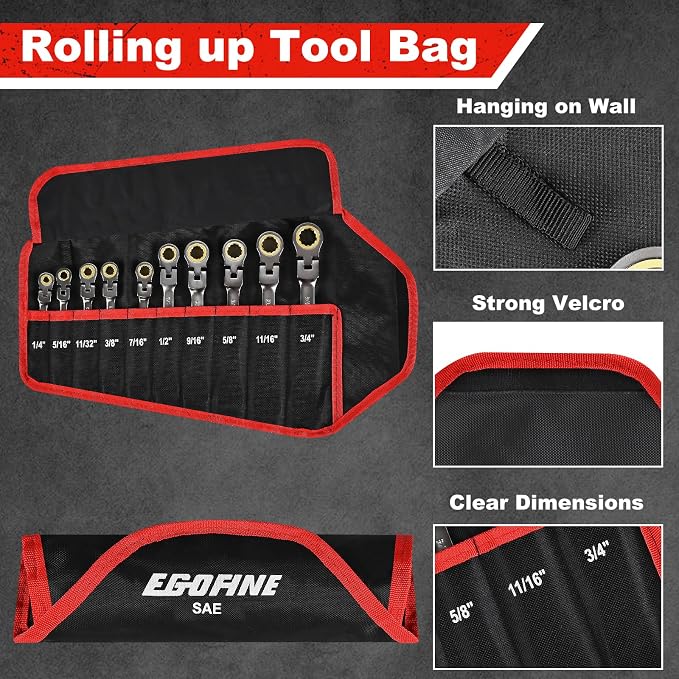 Egofine Flex Head Ratcheting Wrench Set 10 Piece, SAE Wrench Set, CR-V Steel 1/4” to 3/4” Wrench, 72-Teeth Combination wrench set, Nickel Plating Ratchet Wrenches Set with Tool Roll Bag