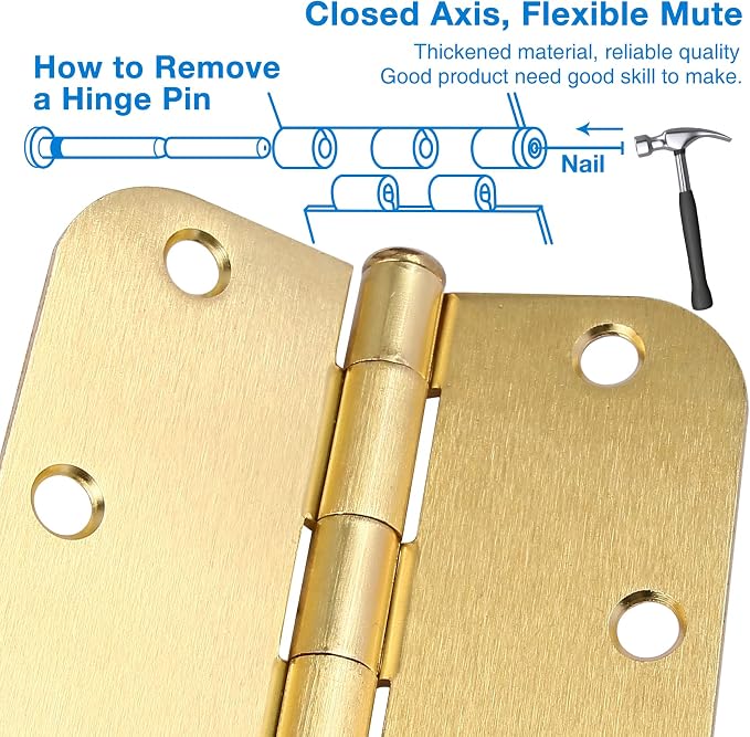 Rounded Door Hinges 3-1/2" x 3.5 inch, 5/8 Radius, Satin Brass 3 ½ Inch 30 Pack