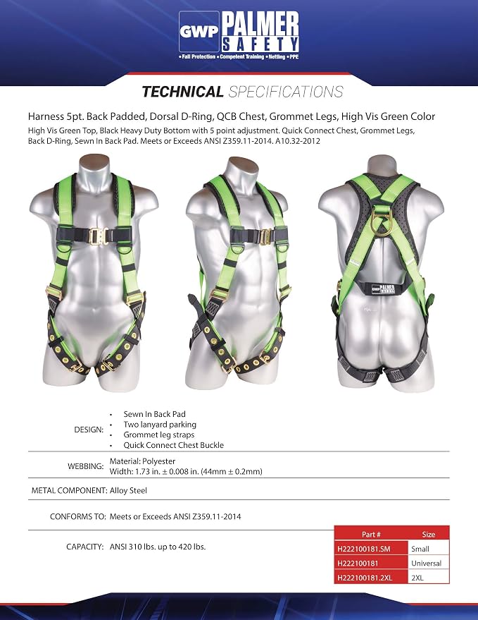 Full Body Harness with 5 Point Adjustment, Dorsal D-ring, Grommet Legs, Two Side D Rings, and Fall Indicators