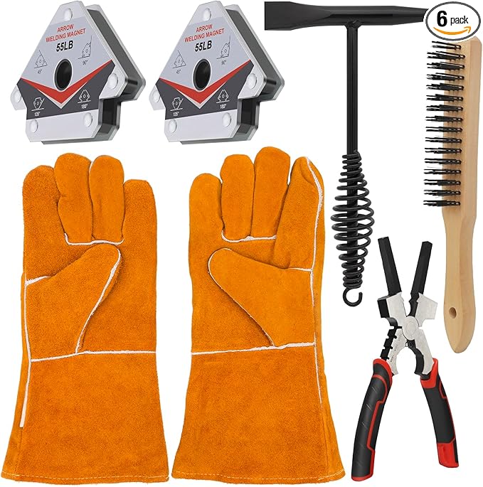 VASTOOLS Welding Accessories,6pc,Chipping Hammer 10.5",Leather Welding Gloves 13.5",6-in-1 Welpers Pliers 8",Wire Brush 11",Welding Magnet 50LB