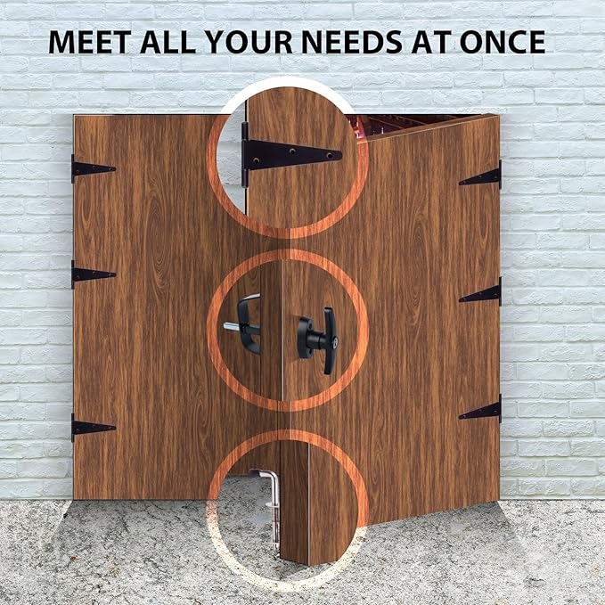 Double Door Shed Hardware Kit - Complete with Hinges, Latches, and 7-1/2" T-Handle Lock - Includes Window and Door/Window Hinge Set, for Gates, playrooms