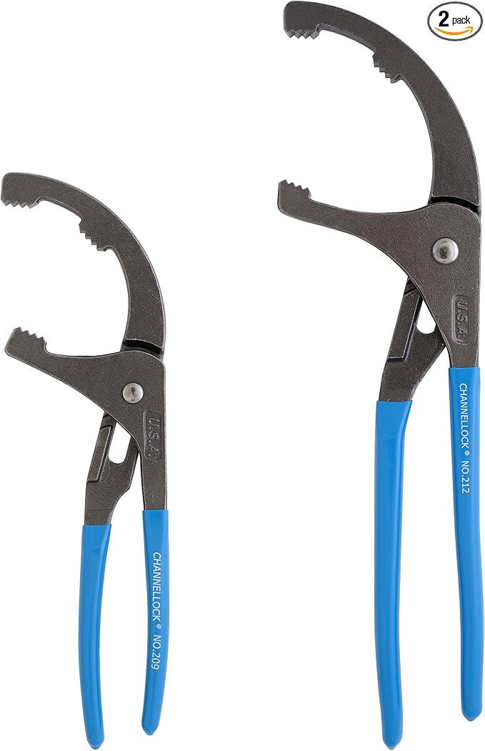 CHANNELLOCK OF-2 2pc Oil Filter/ PVC Pliers Set, Made in USA, Forged High Carbon Steel, Includes 9 and 12-inch Oil Filter/ PVC Pliers, Ideal for Engine Oil Filters, Conduit and Fittings