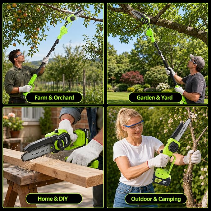 TNELTUEB 4-In-1 Cordless Pole Saw & Mini Chainsaw, 6"&8" Pole Saws For Tree Trimming with 15.6ft Extendable Pole, 180° Adjustable Angle, 1000W Brushless Motor, Electric Chainsaw with 2×4.0Ah Batteries