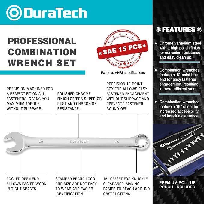 DURATECH Combination Wrench Set, SAE, 15-Piece, 1/4" to 1" | 12-Point, CR-V Steel, Rolling Pouch