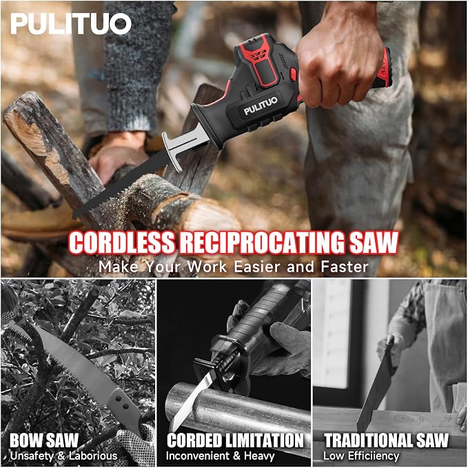 PULITUO Cordless Reciprocating Saw, Speed 3000SPM，with Clamping Jaw, 2000 mAh Battery/ 1-Hour Fast Charge,Safety Gloves& Goggles, 4Pcs of Saw Blades for Wood/Metal/PVC