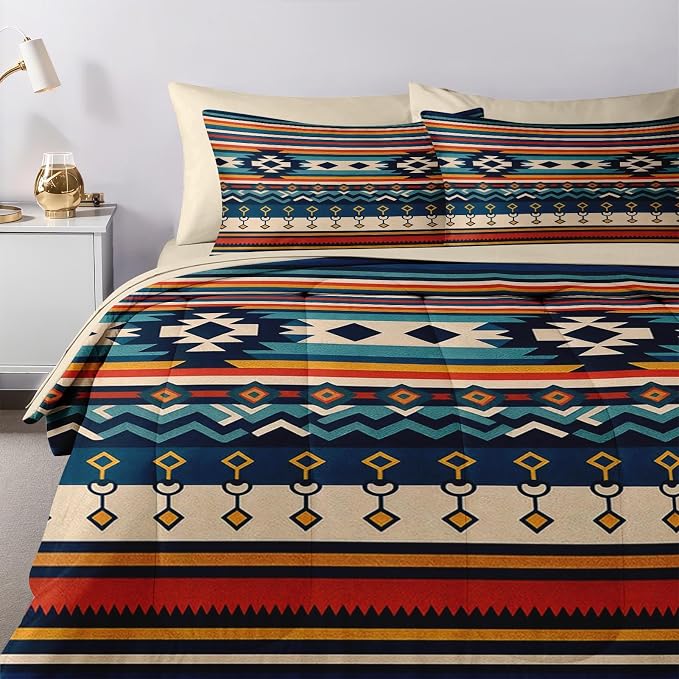 Nesker Comforter Set Queen Size, Southwest Aztec Geometric 7 Pcs Bedding for Kids and Adults, Bohemian Vintage Bed Sheet Sets with Fitted Sheet 2 Pillowcases & 2 Shams