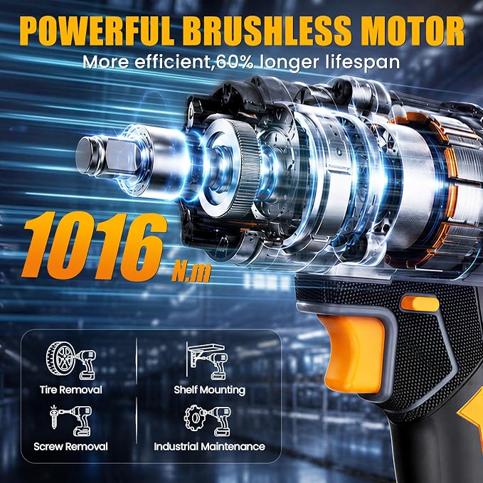 Cordless Impact Wrench 1/2 Inch Compatible with DeWalt 20V MAX Battery | Brushless Motor, High Torque, 1016 N.M(750 Ft-lbs), Variable-Speed & Auto-Stop, Lightweight, 5 Sockets, LED Light (Tool Only)