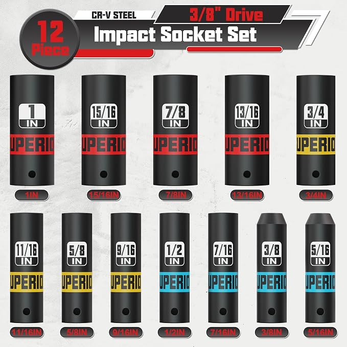 12 Piece 3/8" Drive Impact Socket Set, 5/16"- 1" Deep Socket, SAE, 6 Point, CR-V, Automotive Motorcycle and Bicycle Maintenance, Machinery Manufacturing