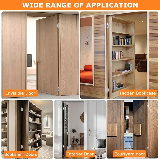 Hidden Door Hinges, 2Pack Adjustable Concealed Hinges 110Lbs Load-Bearing Heavy Duty Pivot Hinge 110° Swinging Invisible Hinges for Secret Doors, Bookcase, Shelf & Murphy Door