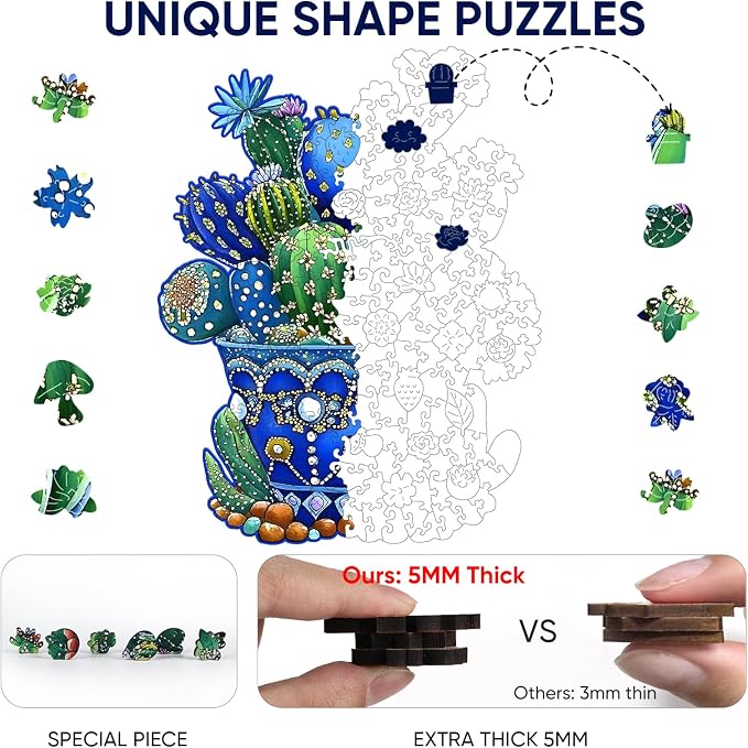 Delobil Puzzles for Adults, 200 Pieces Cactus Jigsaw Puzzles, Unique Shaped Flowers Wooden Puzzles for Adults and Kids, Family Game for Plant Lovers, 8.8 x 11.4 Inches