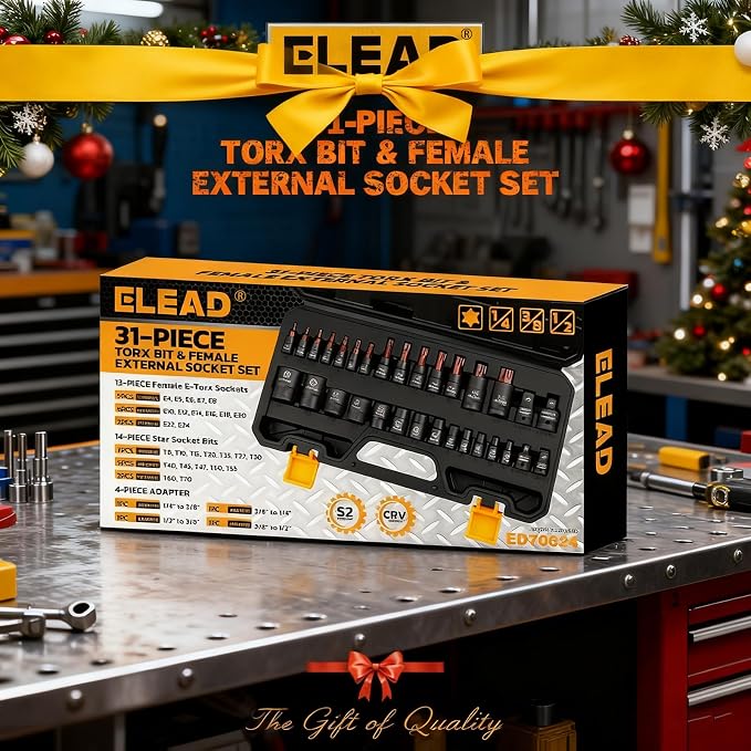 31-Piece Torx Bit Socket Set: Premium CR-V & S2 Alloy Steel, Star T8-T70 & E-Torx E4-E24, High Torque Laser Marked for Automotive Mechanic
