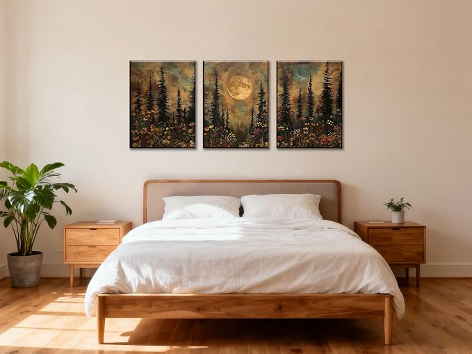 Frimeeme Vintage Moon Forest Wall Art Set of 3,Canvas Print Set Wildflower Pine Trees Rustic Nature Decor for Farmhouse Bedroom Living Room Aesthetic, 12x16 inches