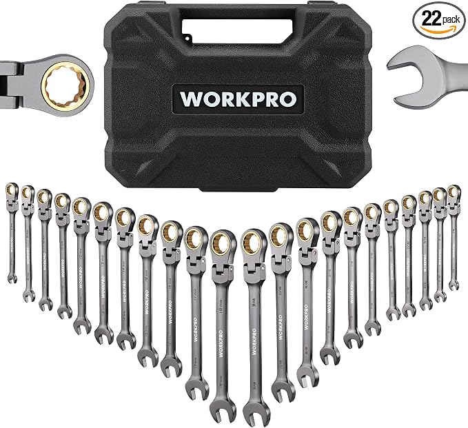 WORKPRO 22-Piece Ratcheting Wrench Set, Flex-Head & Nickel Plating | Metric & SAE (6-18 mm & 1/4-3/4''), 72 Teeth Cr-V Steel, Combination Wrench Set with Organizer Box for Auto Repair & Home DIY