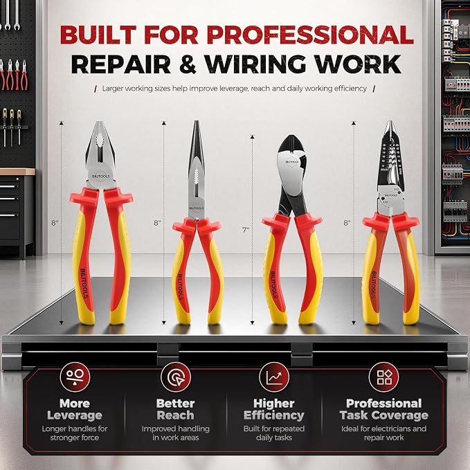 BILITOOLS High Leverage 1000V Insulated Pliers Set, Cr-Mo Electrician Tools