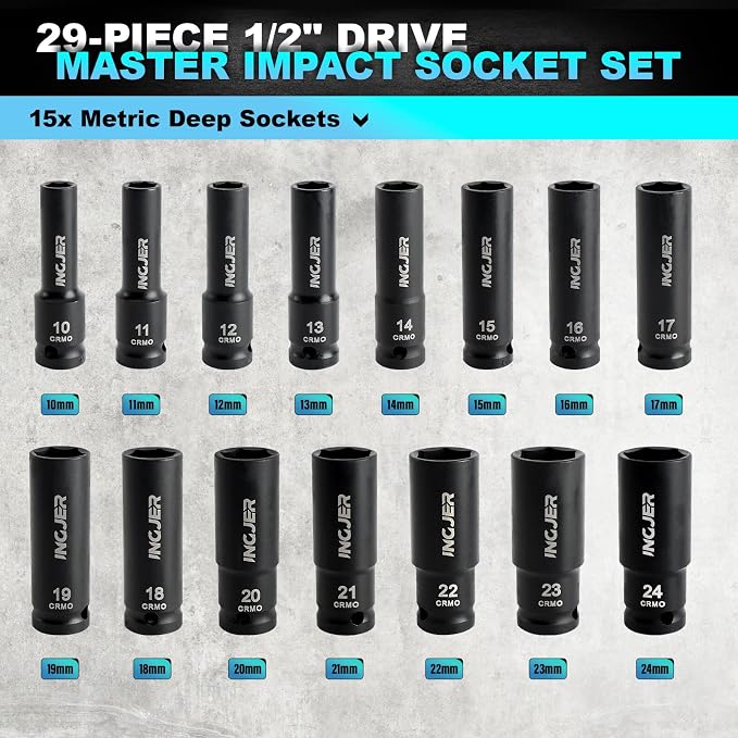 1/2" Impact Socket Set, 29PC Deep impact socket set, CR-MO SAE and Metric | 3/8-1" & 10-24mm ,6 Point, Standard & Deep Sockets with Extension Bars, High Torque, Ideal for Truck Bearing Locknut
