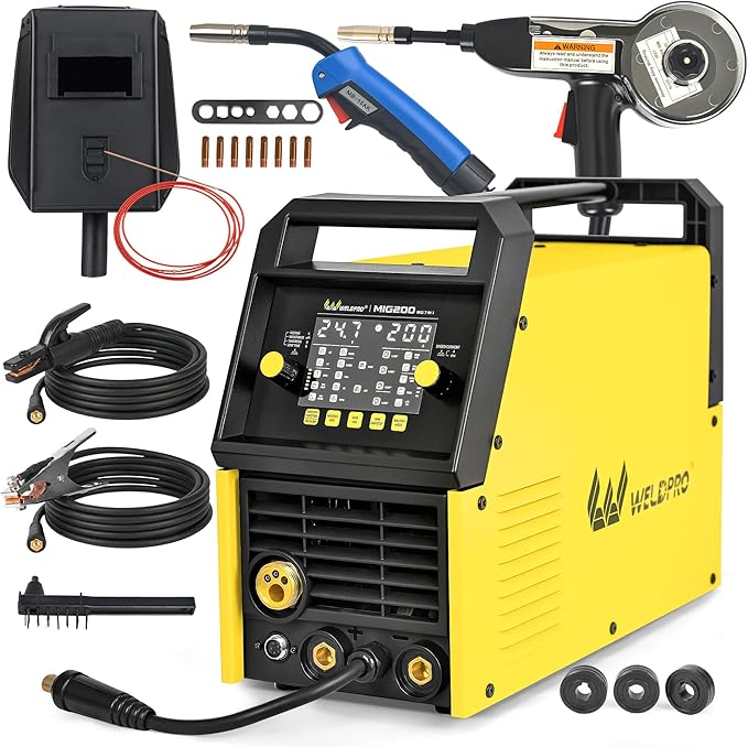 Weldpro 200 Amp MIG Welder, 110/220V 7-in-1 Manual MIG/Synergic MIG/Gasless MIG/Lift TIG/MMA/Spot/Spool Gun Aluminum Multi-process Welding Machine with Large LED Display, IGBT, 2T/4T, Spool Gun