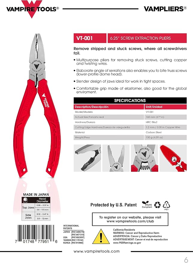 VAMPLIERS 2-PC Specialty Screw Extraction Pliers Set: Includes JAWZ 7.5" Vise-Grip Locking Pliers + 6.25" Multipurpose Pliers with Wire Cutter: VT-001-S2L
