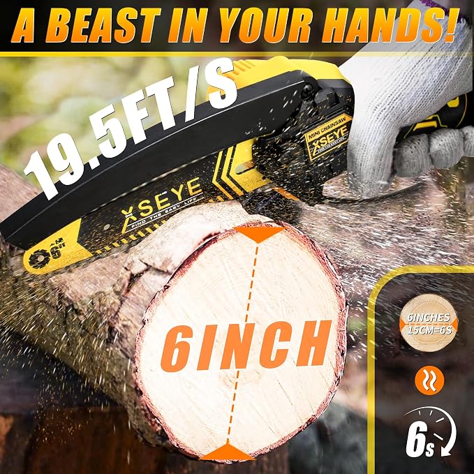 XSEYE Mini Chainsaw Cordless 6", Battery Powered Handheld Chain Saws, Small Electric Saw for Wood Tree Cut Gardening Tools, Dad Mens Birthday Ideas, Day Gifts for Him Husband Valentines Anniversary