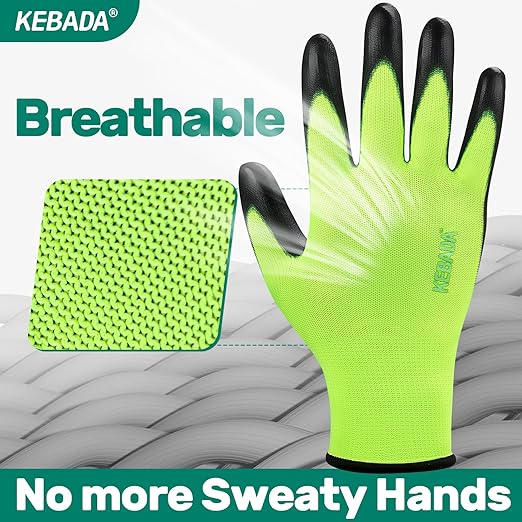 Kebada W1 Work Gloves for Men and Women, PU Coated Safety Gloves with Grip, Touchscreen, Ideal for Warehouse Package Handling, Construction, Gardening, Green XXL
