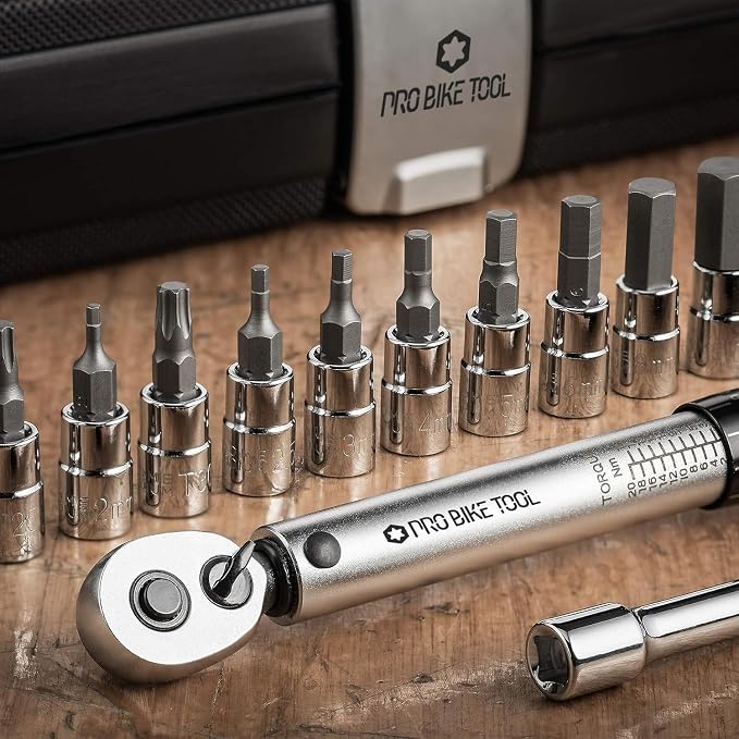 PRO BIKE TOOL Bike Torque Wrench Set - 1/4 Inch Drive, 2.2-16.9 Nm | 20-150 in-lb, Allen & Torx Bits, Extension Bar, Protective Storage Case