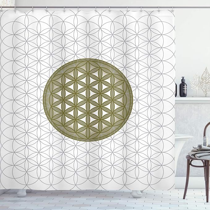 Ambesonne Geometry Shower Curtain, Interlace Circles of Time and Space Theme Vortex Natural Geometry Myth Form, Cloth Fabric Bathroom Decor Set with Hooks, 69" W x 75" L, Green Brown