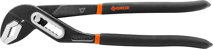 Groz 10 Inch Water Pump Pliers, 7-Position Adjustable Lower Jaw, 45-Degree Serrated Jaws, Slip Joint Plumbing Pliers for Pipes, Nuts, Bolts and Irregular Objects (31741)
