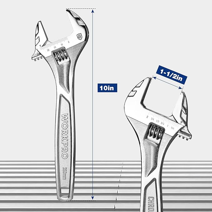 WORKPRO Adjustable Wrench, 10-inch Heavy Duty Spanner with Inch/Metric Scale, Premium Cr-V Steel, Chrome Plated