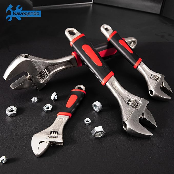 Navegando 4-Piece Adjustable Wrench Set, 6/8/10/12 Inch, Heat Treated Carbon Steel with Non-Slip Rubber Grip，Corrosion Resistant Finish for Automotive, Plumbing & DIY Repairs
