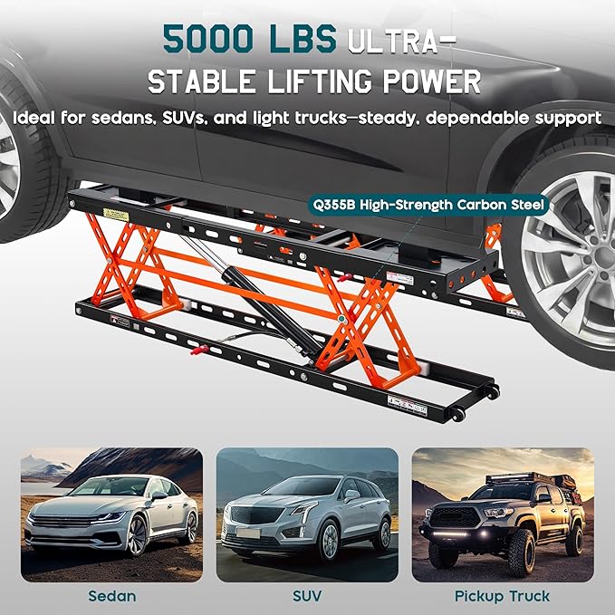 Albott 5000 LBS Portable Car Lift, Q355B Steel Quick Jack for Home Garage, 20.1" Max Height with Height Extension Blocks, Foldable Design & Wheels, Black & Orange