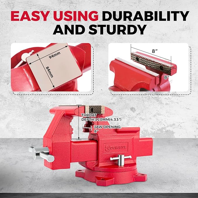 8" Heavy-Duty Bench Vise Ductile Iron Bench Vise with Strong 9900lbs Clamping Force 360° Swivel Bench Vice with Anvil, Red