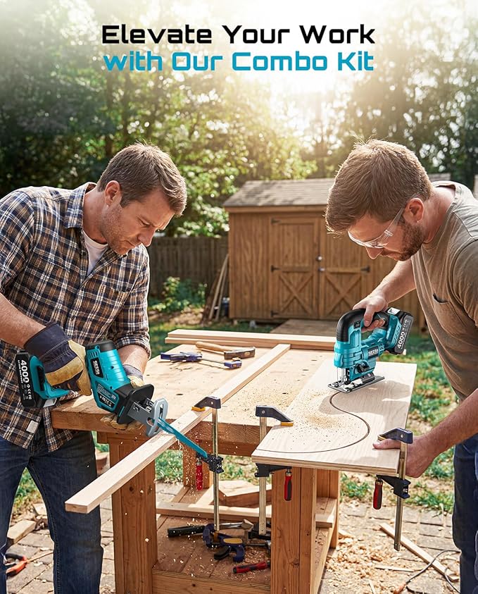 SEESII 2-Tool Cordless Combo Kit, Reciprocating Saw & Jig Saw with 2x4.0Ah Batteries, Brushless Motor, 0-45° Bevel Cut Jigsaw, Adjustable Speed, LED Light, Lightweight for Wood/Metal/PVC Cutting, DIY