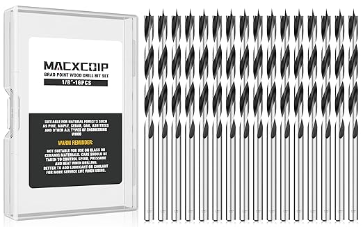 Brad Point Wood Drill Bit Set, 16Pcs 1/8" Drill Bit Set with Double Flutes Design for Carpenter Woodworking and All Types of Wood