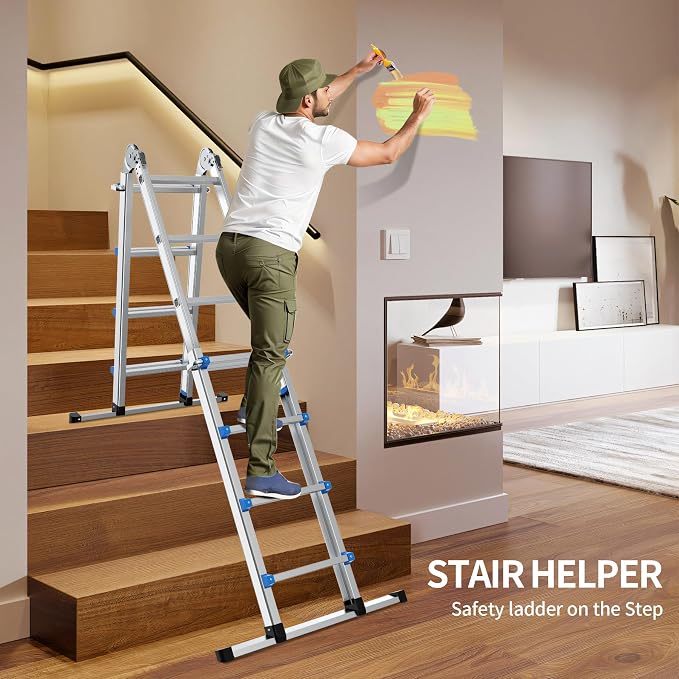 20.5FT Aluminum Foldabl Extension Ladder - Heavy-Duty A-Frame Adjustable Design for Home & Work, 330lbs Capacity, Retractable System with Safety Lock