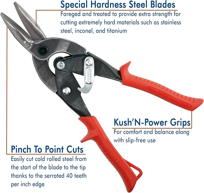 MIDWEST Special Hardness Aviation Snip - Left Cut Regular Stainless Steel Cutting Shears, Made in the USA - MWT-SS6716L