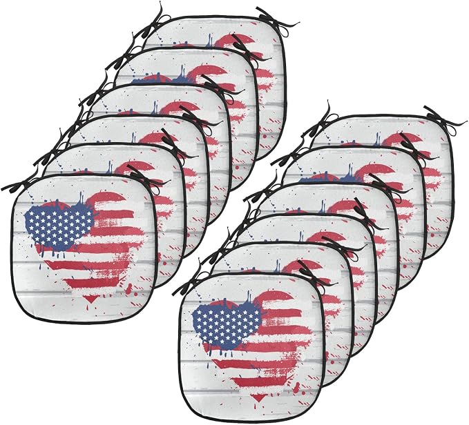 Lunarable Americana Chair Cushion Pads Set 12, USA Flag in Heart Shape on Wood Holiday Splattered Grunge Style Illustration, Anti-Slip Seat Padding for Kitchen & Patio, 16"x16", Cream Red Blue