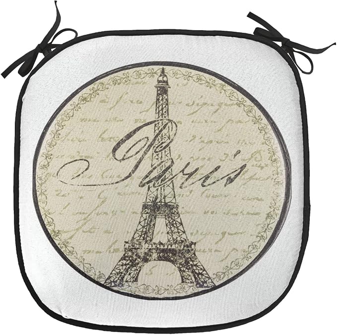 Lunarable Paris Chair Cushion Pads Set of 8, Vintage Wall Sign France Theme Famous Landmark Tourism Travel Destination, Anti-Slip Seat Padding for Kitchen & Patio, 16"x16", Khaki Black White