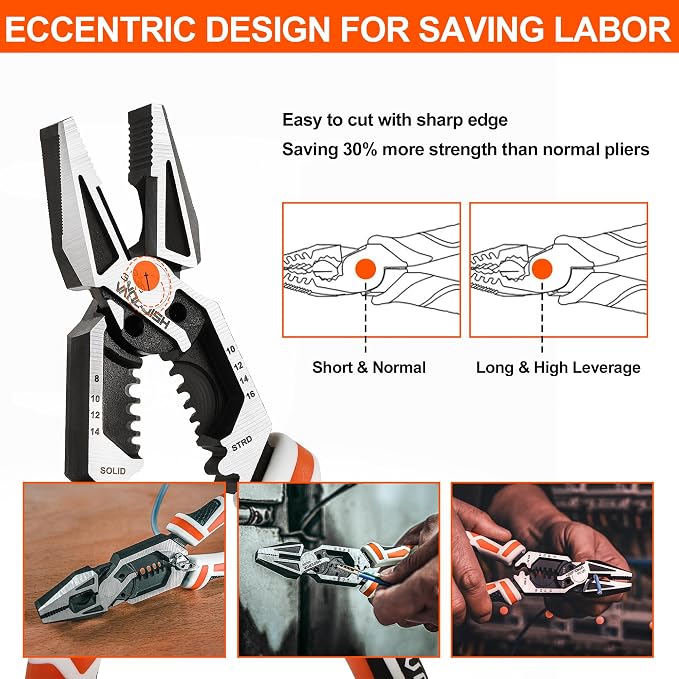 VANQUISH 8-in-1 Linesman Pliers, 8’’ Multipurpose Combination Pliers Wire Cutter/Crimper/Stripper, CRV Steel Hand Tool, Heavy Duty Side-Cutting Pliers for Crimping, Stripping, Shearing, Screwing, 3238