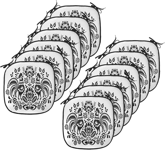 Lunarable Gallus Chair Cushion Pads Set 12, Polish Floral Design with Roosters Traditional Folk Pattern Easter Celebration, Anti-Slip Seat Padding for Kitchen & Patio, 16"x16", White and Black