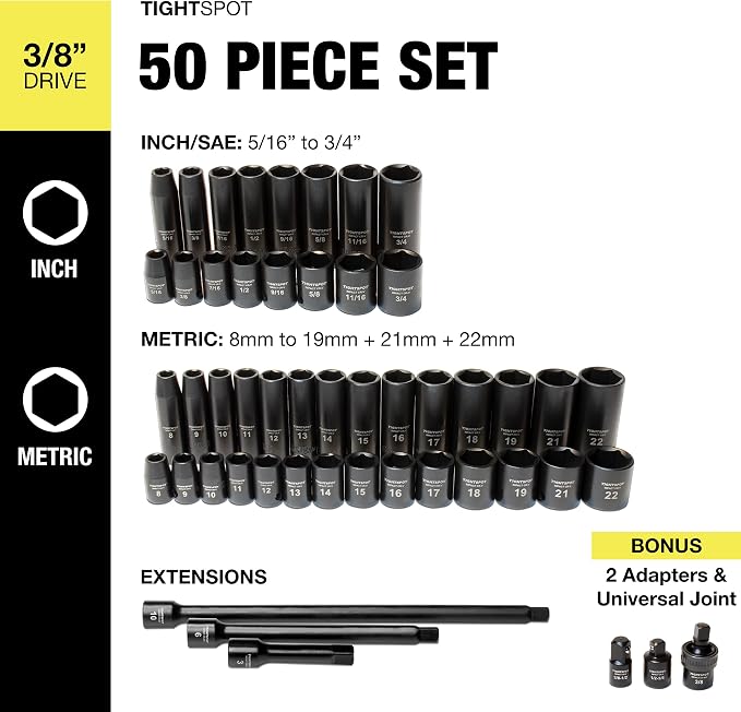TIGHTSPOT 3/8" Drive 50pc Impact Socket PRO SET, our Most Popular Set Ever with SAE & Metric from 5/16 Inch - 3/4 Inch, 8mm-19mm + 21mm + 22mm, Standard/Deep Sockets, Extension Bars, Adapters & More