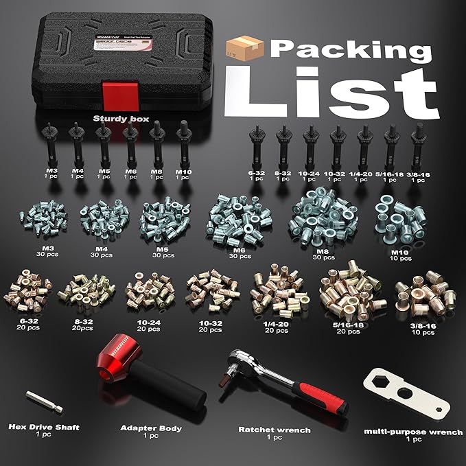 Rivet Nut Drill Adaptor Tool Kit Contains 290 Rivet Nuts and 13 mandrels