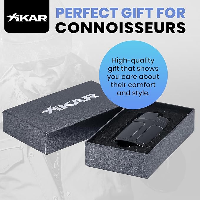 XIKAR ELX Double Jet Flame Butane Torch Lighter with 9mm Cigar Punch – Refillable Butane Lighter with Fuel Window – Wind-Resistant Adjustable Flame – Premium Cigar Accessory – Black