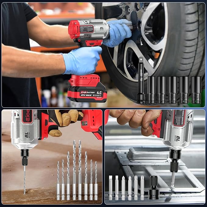 Eioehtl Cordless Impact Wrench 1200Nm, Impact Driver & Impact Drill 1/2" Brushless Power Tool with 2×4.0Ah Batteries, 5 Sockets, 8 Drill Bits, 5 Driver Bits, Extension Bar & Adapter for Car, Van & DIY