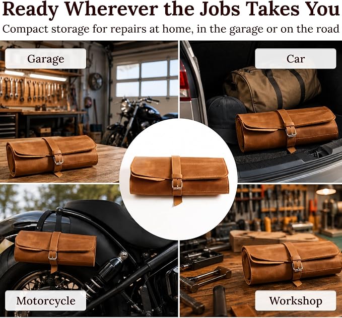 Genuine Leather Tool Roll – Compact Roll-Up Tool Organizer with Multiple Pockets for Wrenches, Screwdrivers & Pliers – Portable Leather Tool Storage Case, Warm Brown (Tools Not Included)