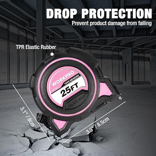 WORKPRO Pink Heavy Duty Tape Measure, 25FT Retractable Tape Measurement, Double Retract Long Stand Measuring Tape Accuracy 1/32 for Engineer, with Magnetic Hook, Belt Clip, Rubber Protective Casing