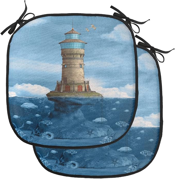 Lunarable Lighthouse Chair Cushion Pads Set of 2, Lighthouse Seagulls Birds Architecture Maritime Reef Fish Undersea Scenic View, Anti-Slip Seat Padding for Kitchen & Patio, 16"x16", Blue Brown