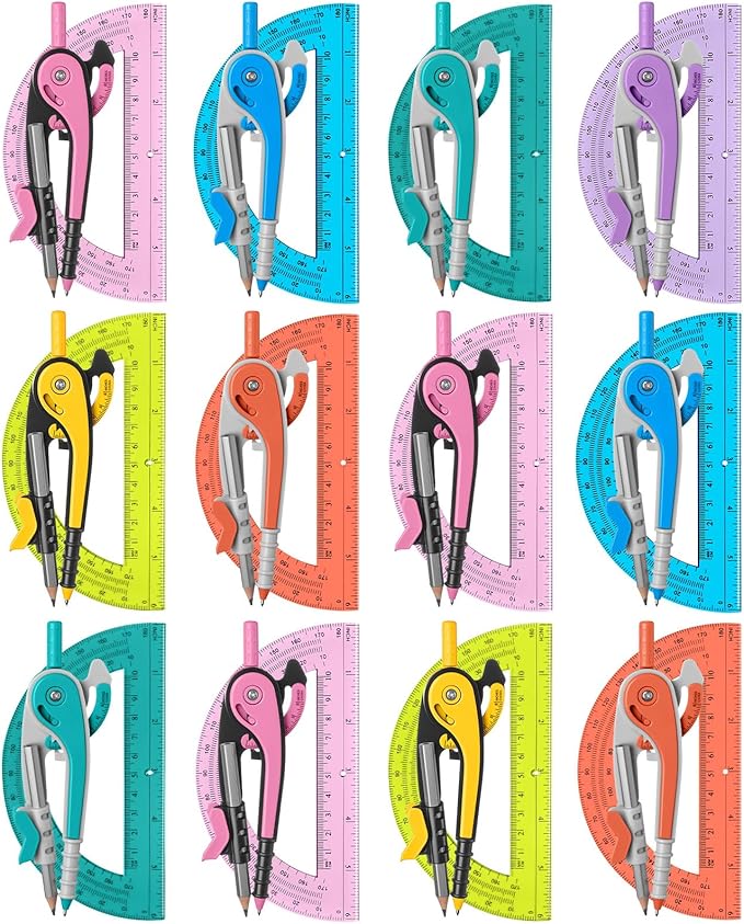 Chengu 12 Set Compass and Protractor Set, Operation Christmas Items Bulk Multicolor Compass Geometry Tool 6 Inch 180 Degree, Math Graphing Drawing Tools for Office and School Supplies