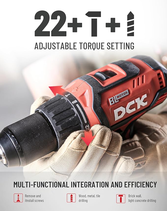 DCK 20V Brushless Hammer Drill, 531 in.lbs, 36000 BPM, 1/2" Keyless All-Metal Chuck, 4.0Ah Battery, 22+1+1 Clutch, Impact Drill Kit for Drilling Brick Wall, Metal, Wood, KDJZ05-13 (Renewed)