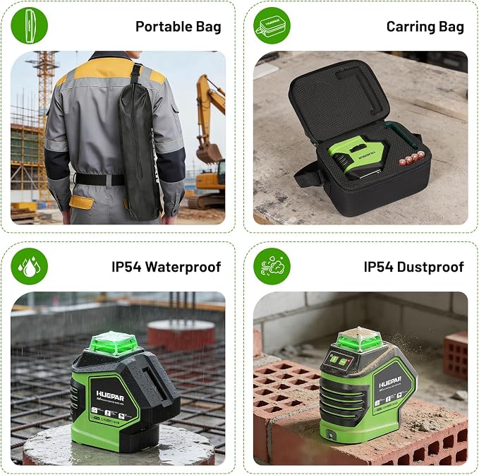 Laser Level with Tripod 60 Inch, Huepar Self Leveling Laser Level with 2 Plumb Dots -Green Cross Line Laser Leveler Tool with 360° Horizontal and 140° Vertical Line for Construction & Home Use 621CGT