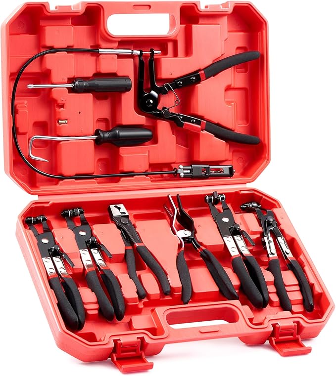 OMT Hose Clamp Pliers, 9Pc Automotive Remover Set With Flexible Wire | Locking Mechanism, Rubberized Handles, For 11/16" To 2-1/2" Clamps, Structural Steel Build